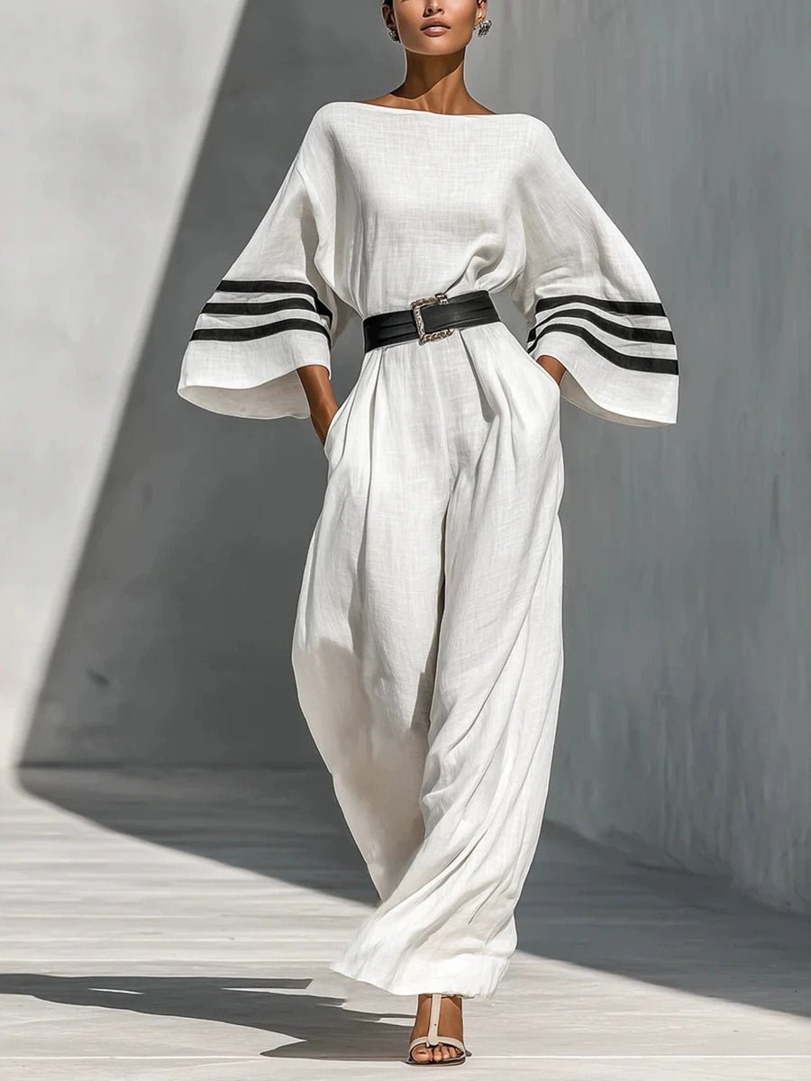 off-white jumpsuit with striped and boat neck