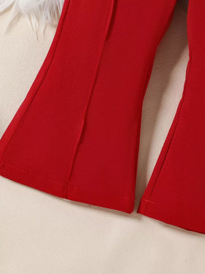 Wine Red flare pants with a seam detail on the leg.