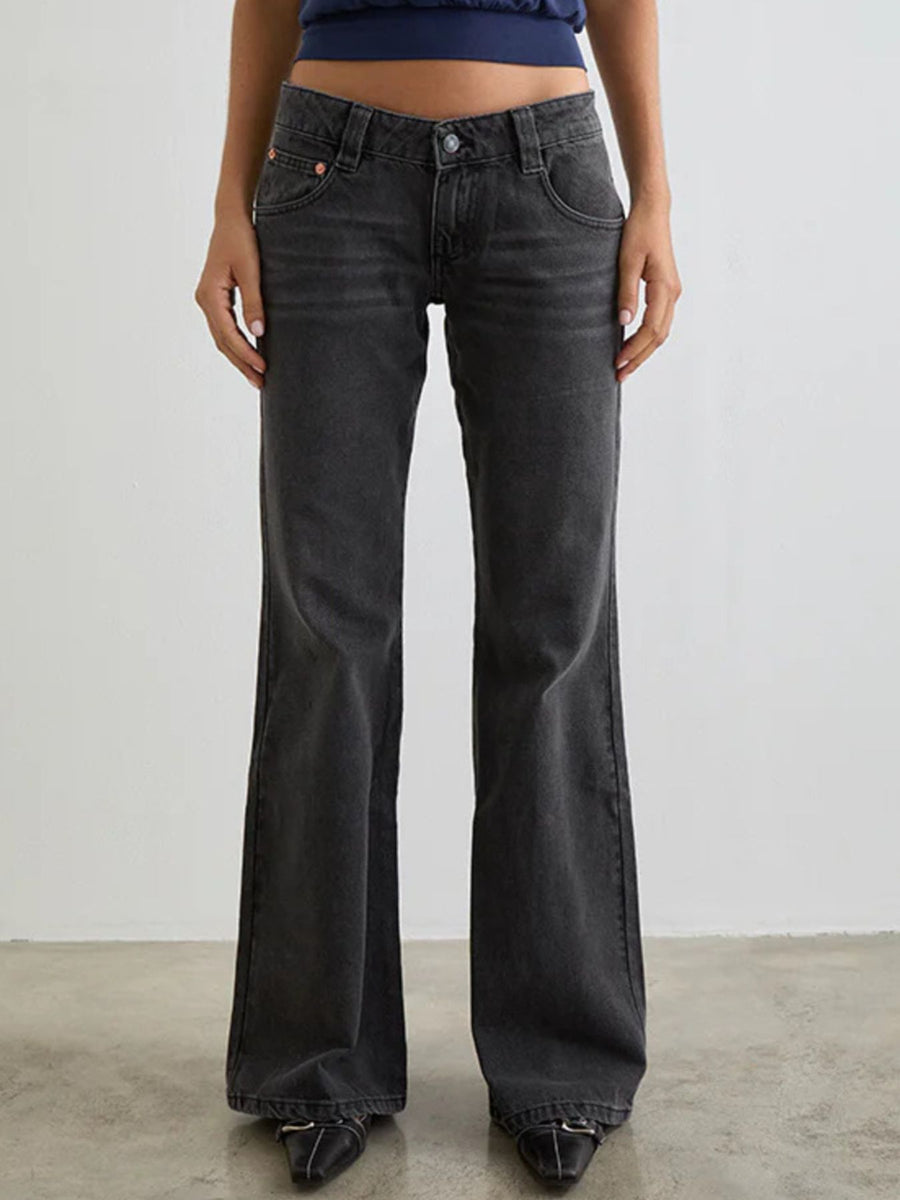 Dark gray cotton low rise flare leg jeans with pockets
