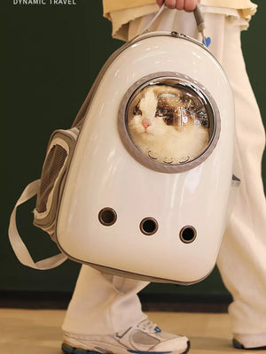 Chic transparent pet carrier backpack in white with bubble window and ventilation holes.