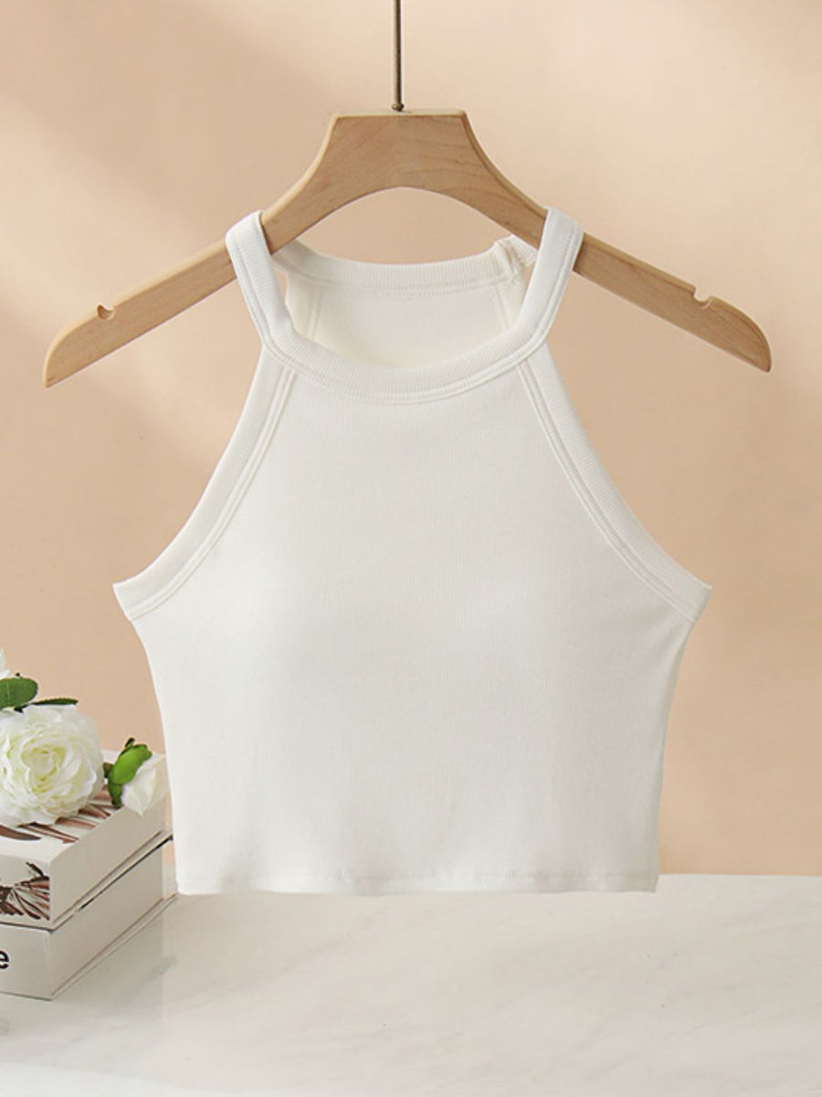 White ribbed halter crop top with contrast stitching detail