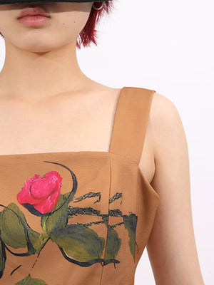 Brown square neck sleeveless dress with a pink rose floral print