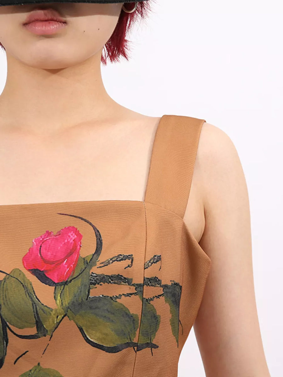 Brown square neck sleeveless dress with a pink rose floral print