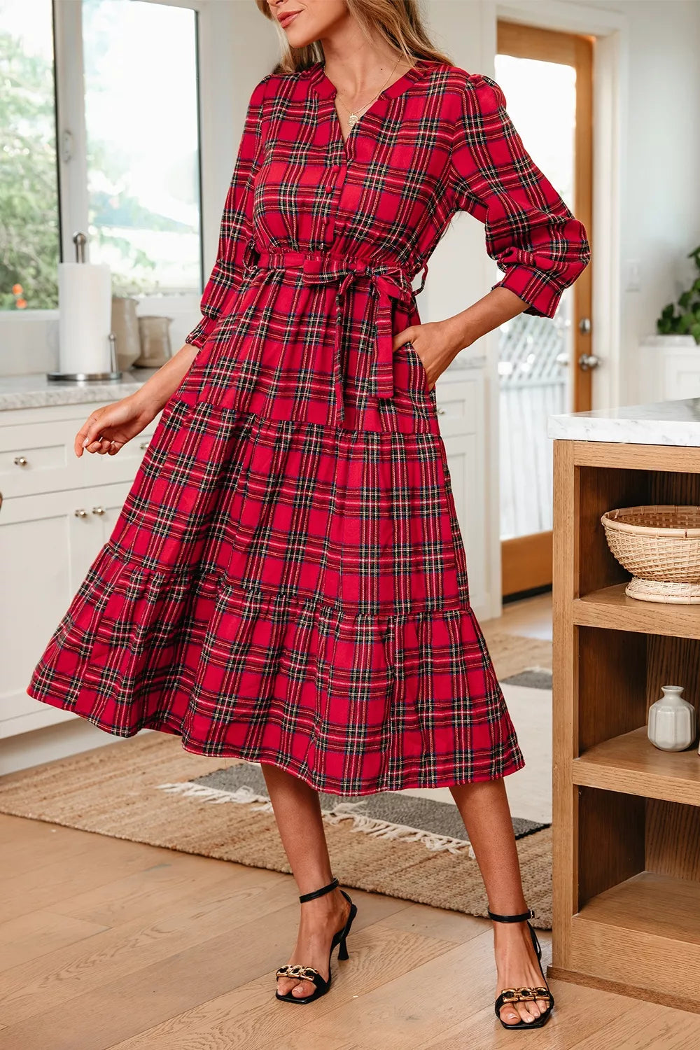 Deep Red Christmas Plaid V Neck Tie Waist Midi Dress