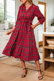 Deep Red Christmas Plaid V Neck Tie Waist Midi Dress