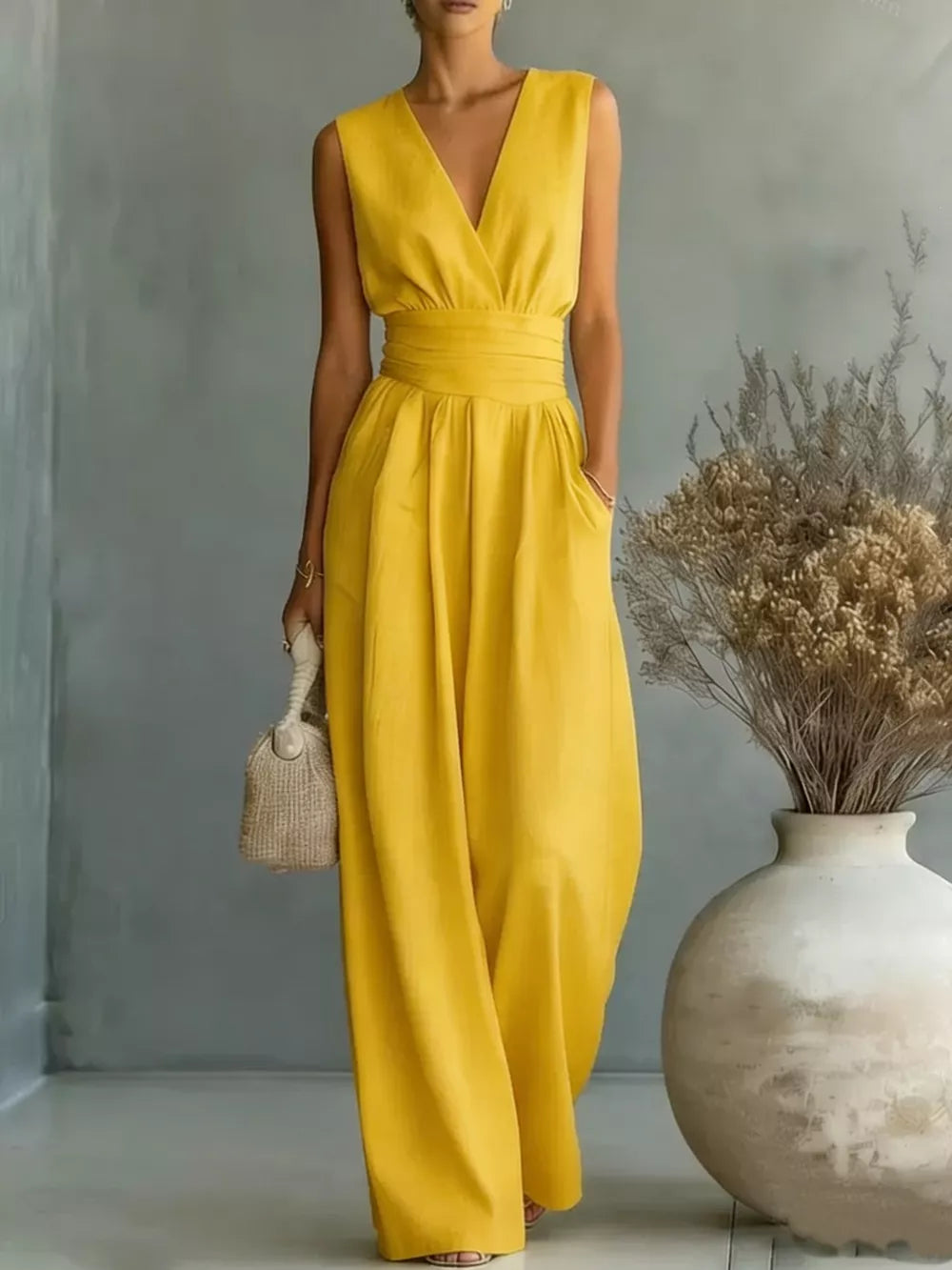 Yellow sleeveless wide leg jumpsuit with V-neck and sash tie waist