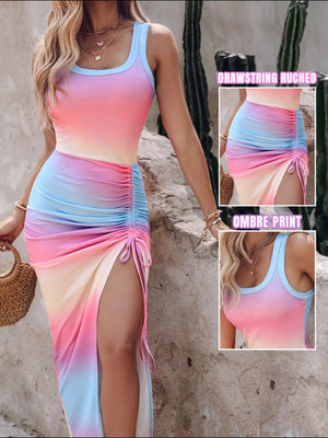 Abstract ruched midi dress with drawstring side slit and ombre print.