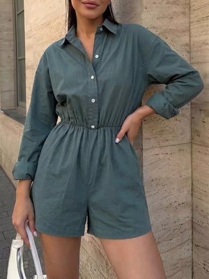 Green Button Front Long Sleeve Romper