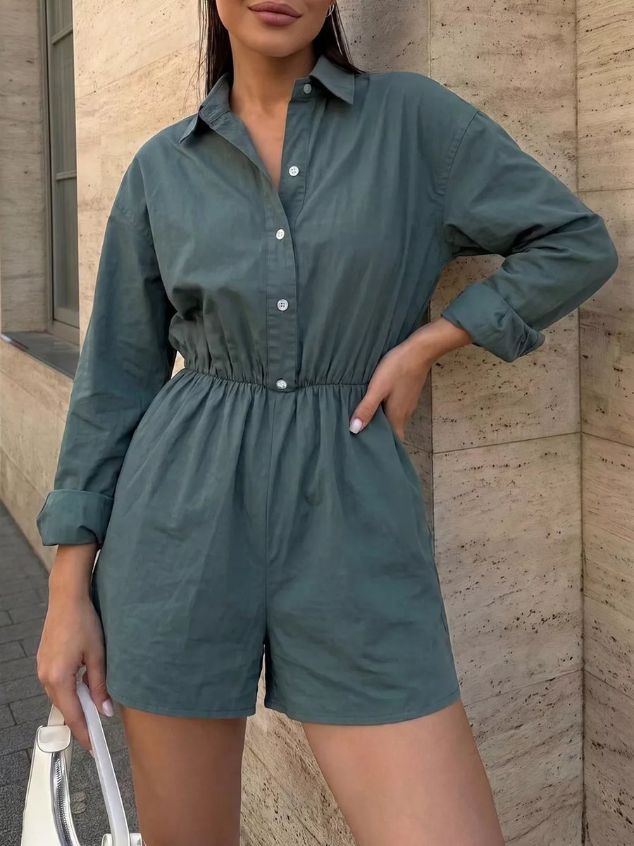 Green Button Front Long Sleeve Romper