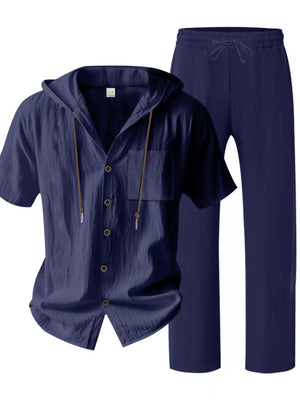 Men's Casual Hooded Short Sleeve Shirt & Pants Set in Gray/white with pocketed
