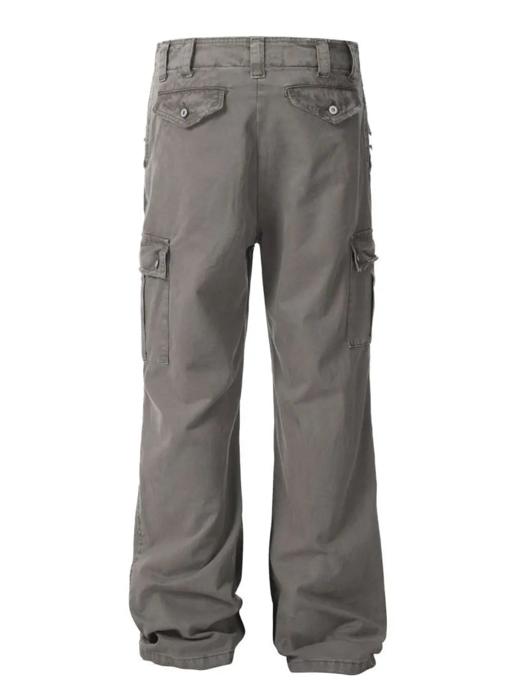Distressed gray utility cargo pants with wide legs and multiple pockets.