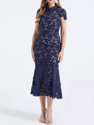 Dark blue floral lace midi dress with collar, cap sleeves, belt, and flared hem.