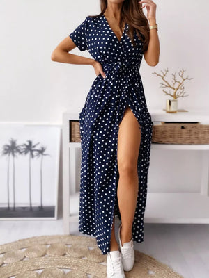 Polka Dot Surplice Maxi Dress With Slit in Dusty Pink, view 12