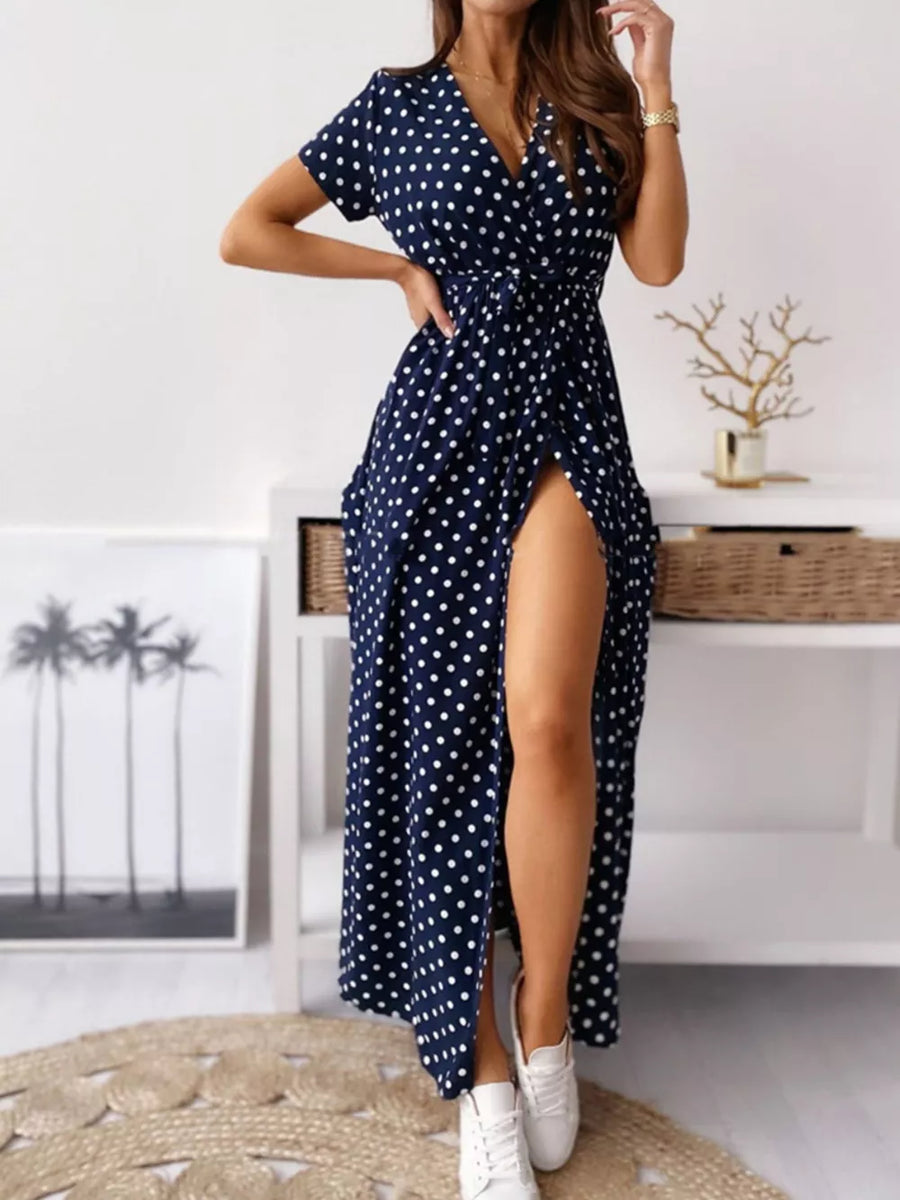 Polka Dot Surplice Maxi Dress With Slit in Dusty Pink, view 12