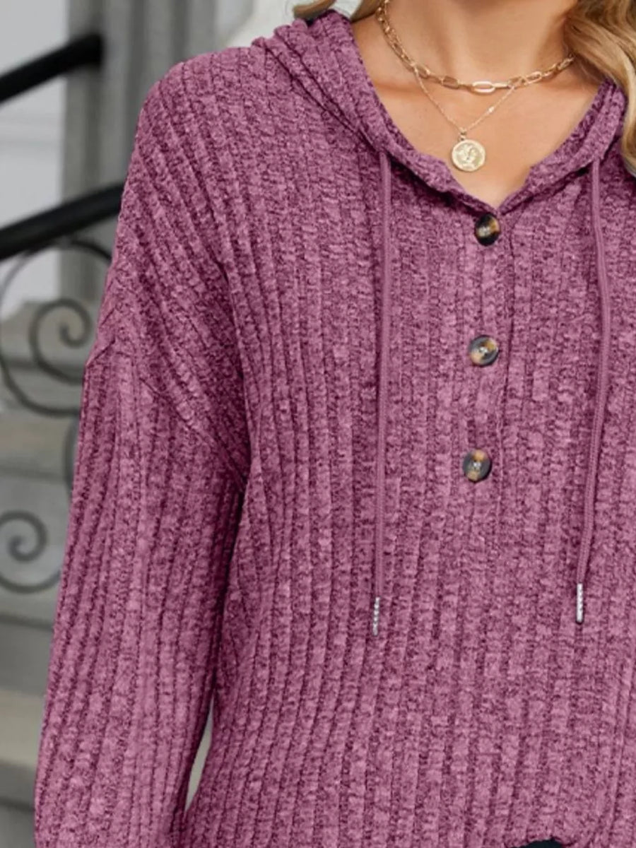 Ribbed Knit Drawstring Hoodie in Blue