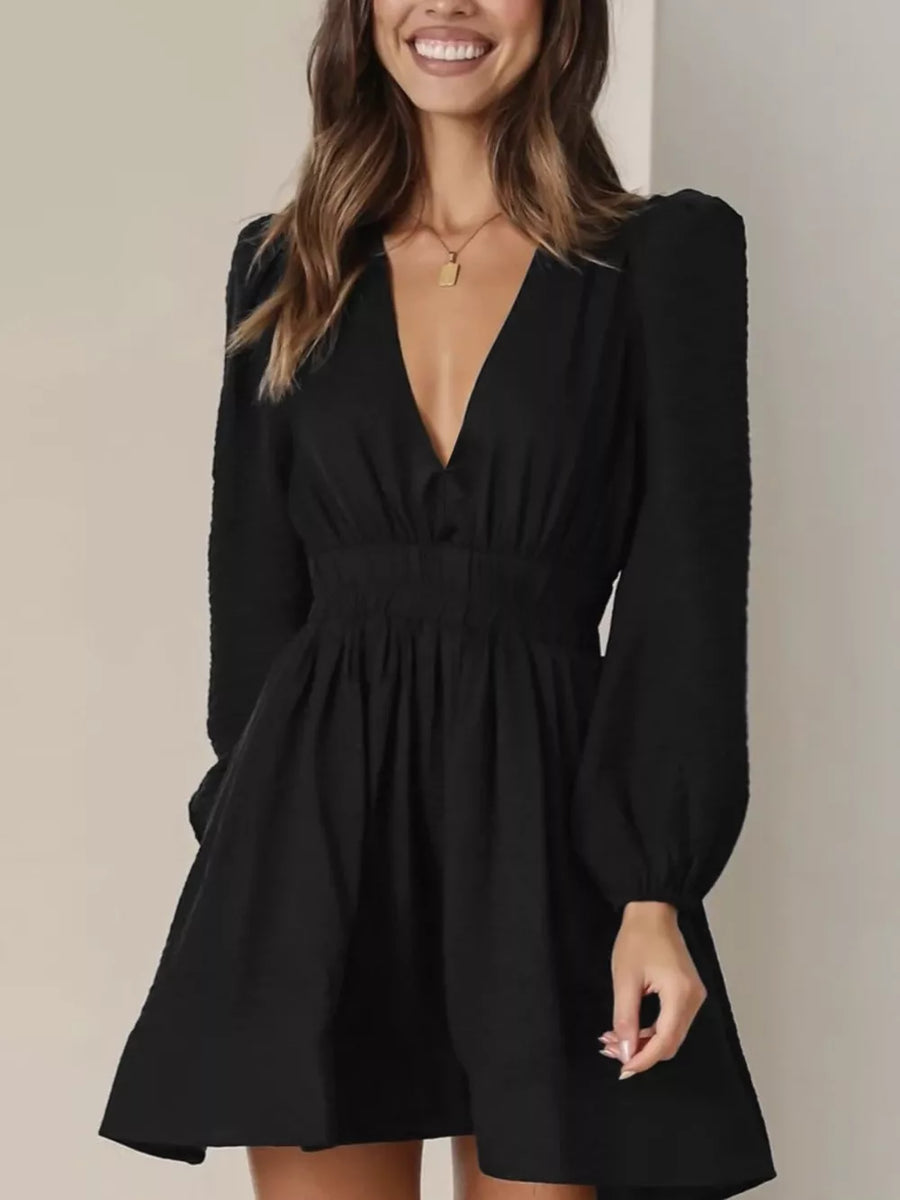 Black V-neck mini dress with puff sleeves and cinched waist