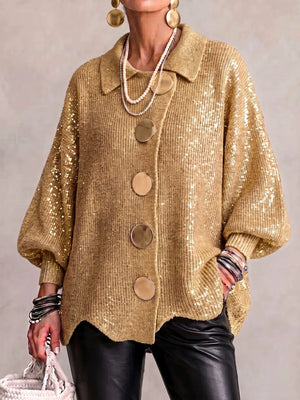 cardigan in golden featuring buttoned and relaxed fit