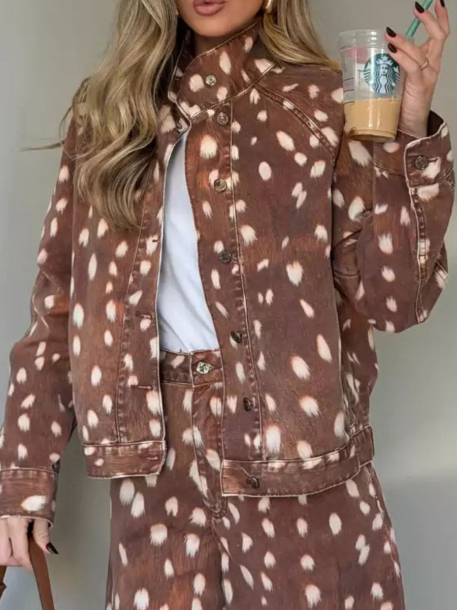 off-white denim jacket featuring buttoned and fawn-print