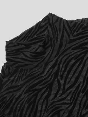 Black sheer zebra-striped mock neck top with a textured finish.