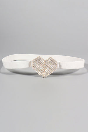 White elastic belt with a geometric crystal heart buckle