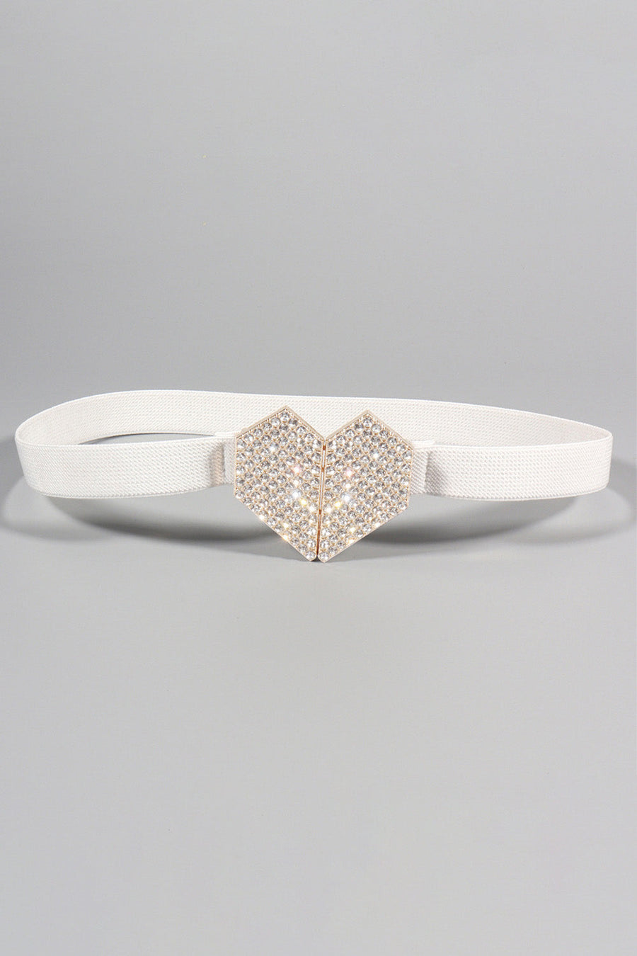 White elastic belt with a geometric crystal heart buckle