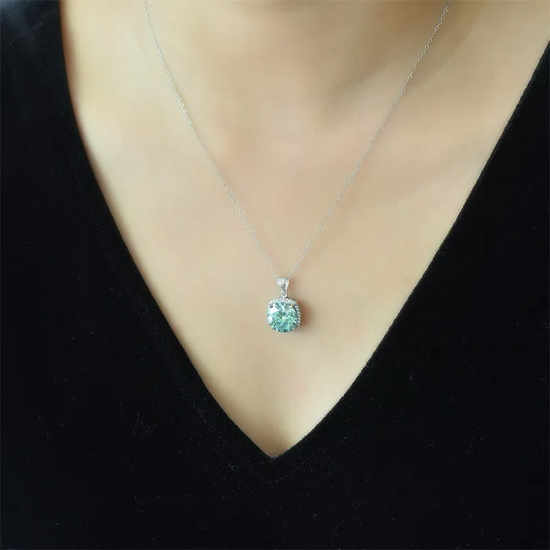 Silver pendant necklace with cushion-cut moissanite and halo, 925 sterling silver.