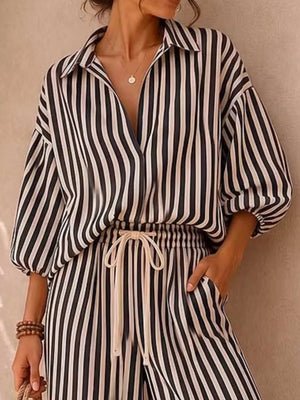 Yellow-Green Striped Puff Sleeve Shirt And Wide-leg Pants Set
