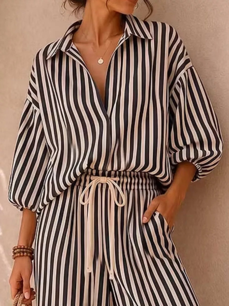 Yellow-Green Striped Puff Sleeve Shirt And Wide-leg Pants Set