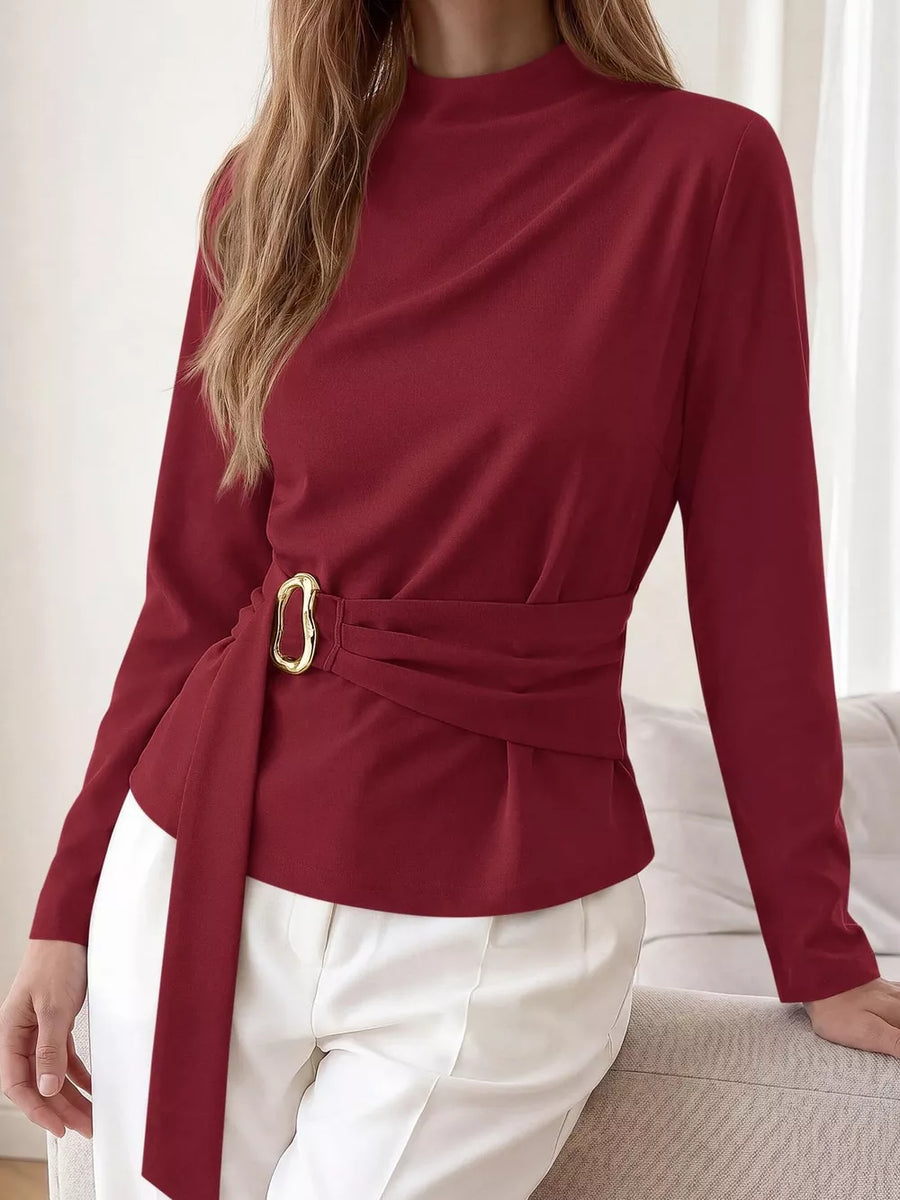 Burgundy fitted blouse with mock neck