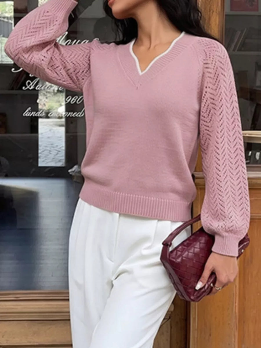 V-neck Openwork Long Sleeve Sweater option 5