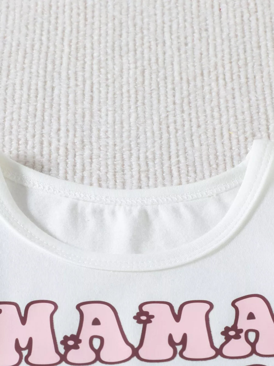 White cotton baby tee with pink retro "Mama" graphic and floral detail