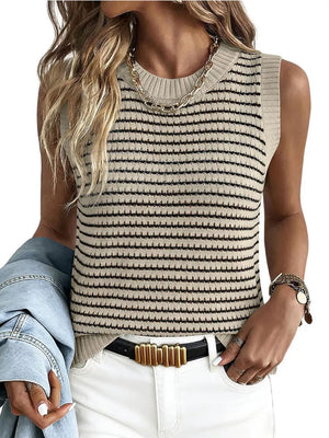 Textured striped knit sweater vest in apricot with a crew neck and sleeveless design.