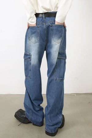 Faded denim cargo pants with multiple pockets and a relaxed fit.