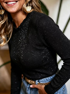 Black ribbed knit long sleeve sweater with allover sparkle detail