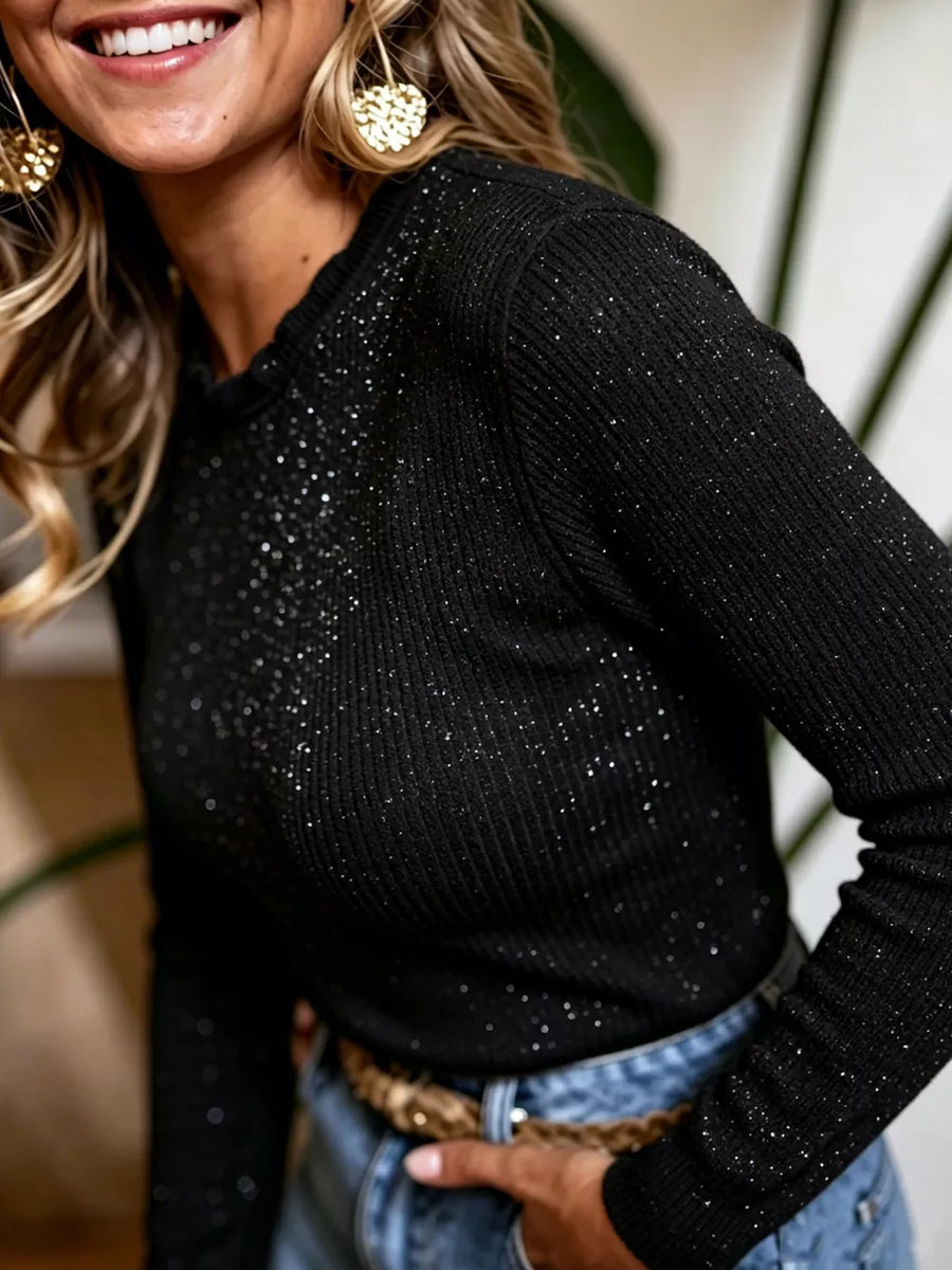 Black ribbed knit long sleeve sweater with allover sparkle detail