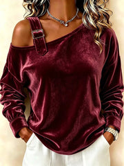 dusty blue one-shoulder top with asymmetrical neckline and long sleeve