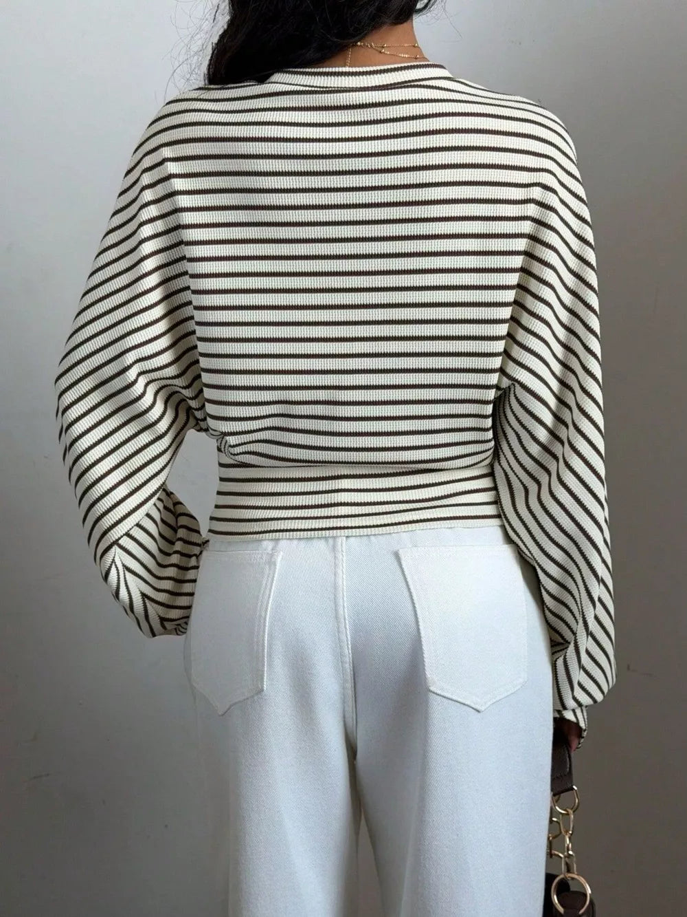 dark brown t-shirt with ribbed cuffs and dolman sleeve