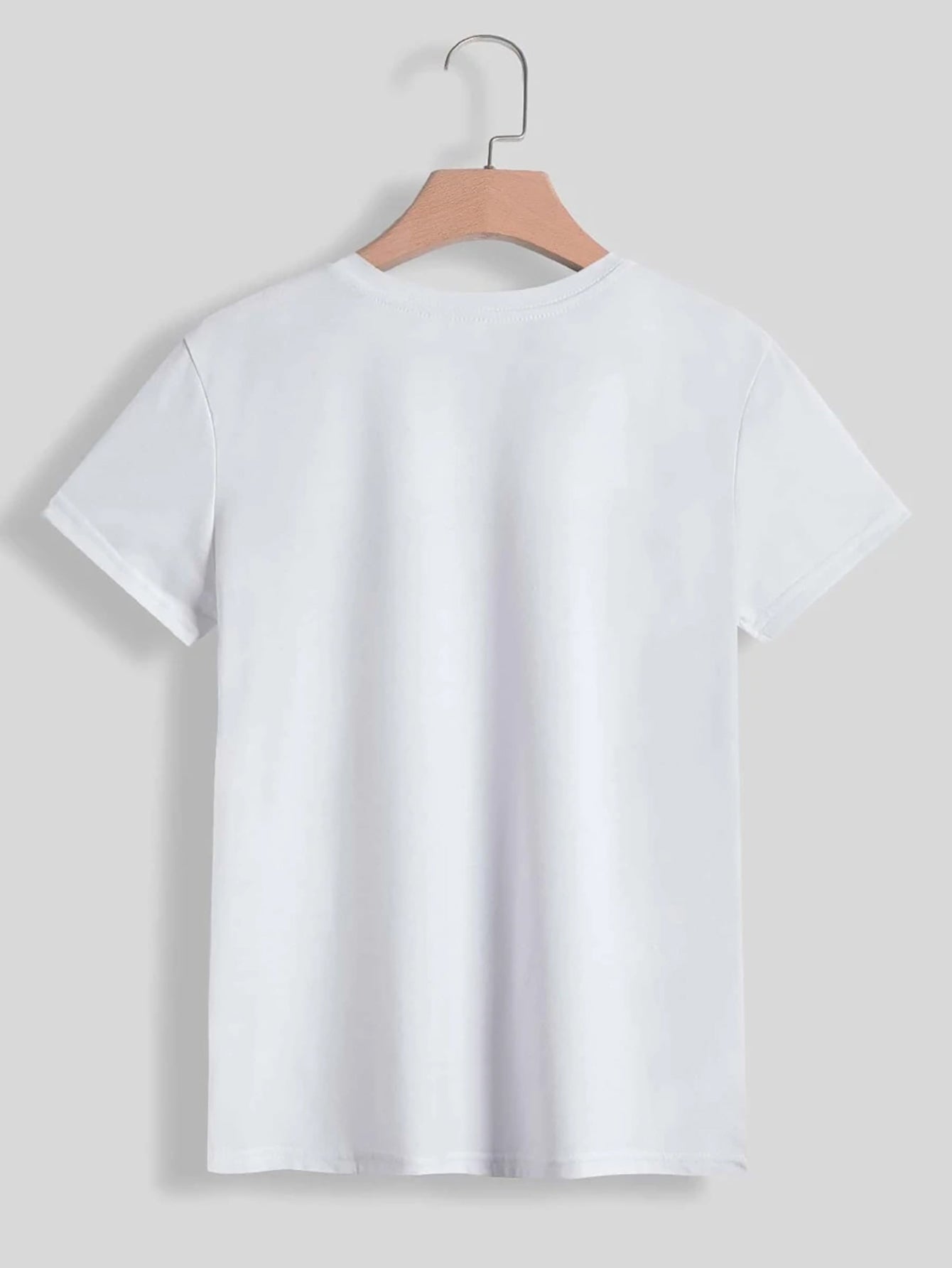 White crew neck t-shirt with short sleeves, plain back.