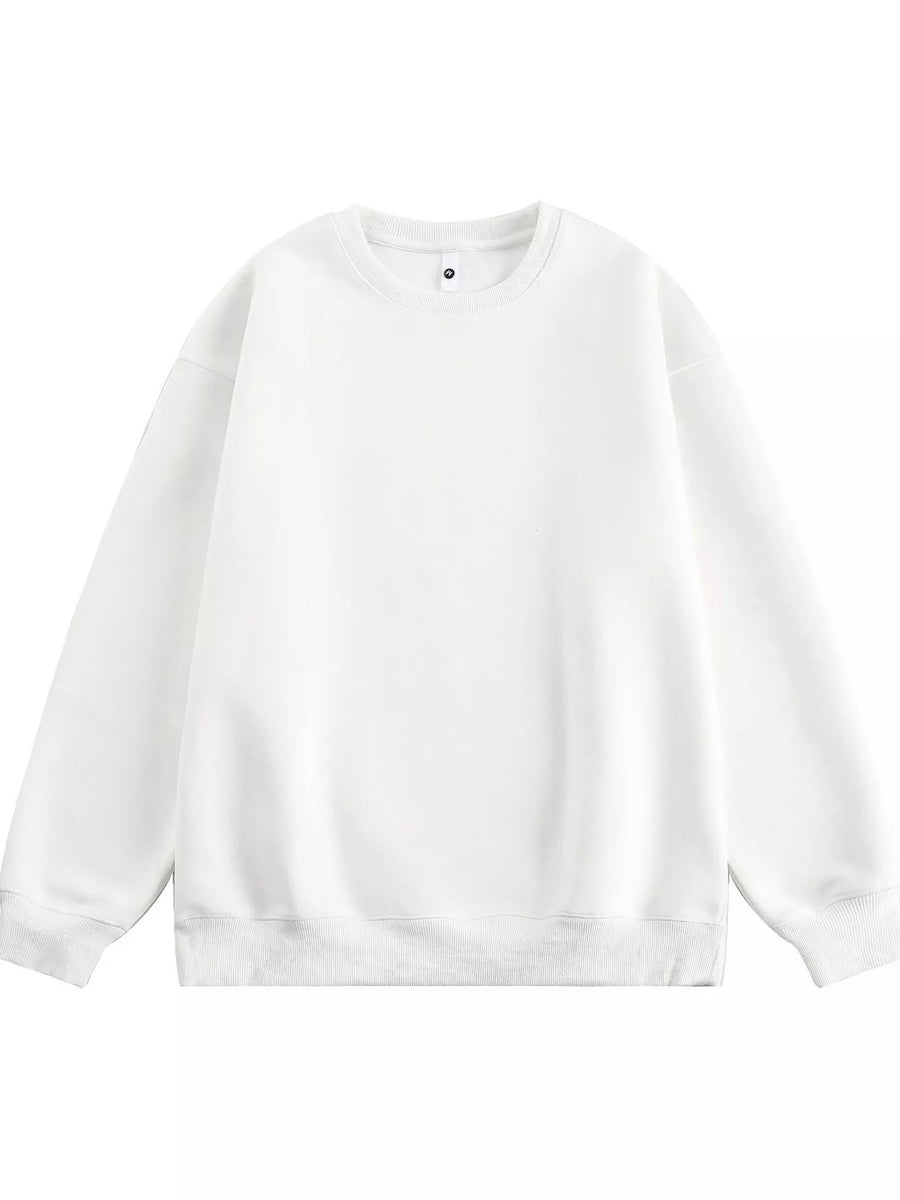 Oversized white crew-neck sweatshirt with ribbed cuffs and hem.