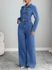 Button Front Long Sleeve Denim Jumpsuit in this colorway
