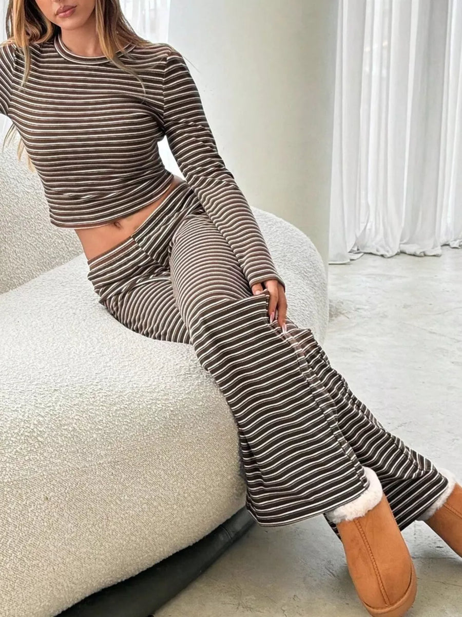 two-piece set in dark brown with striped and cropped