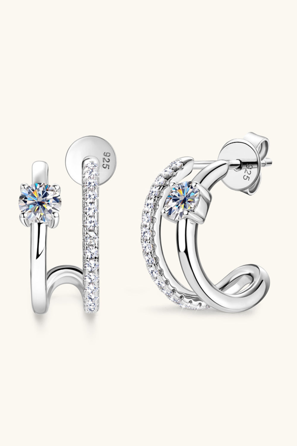 Silver double-band hoop earrings with pavé and solitaire stones