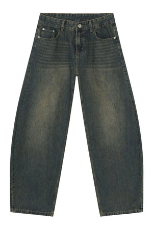 Faded baggy denim jeans in a deep teal wash with a relaxed fit and classic five-pocket styling.