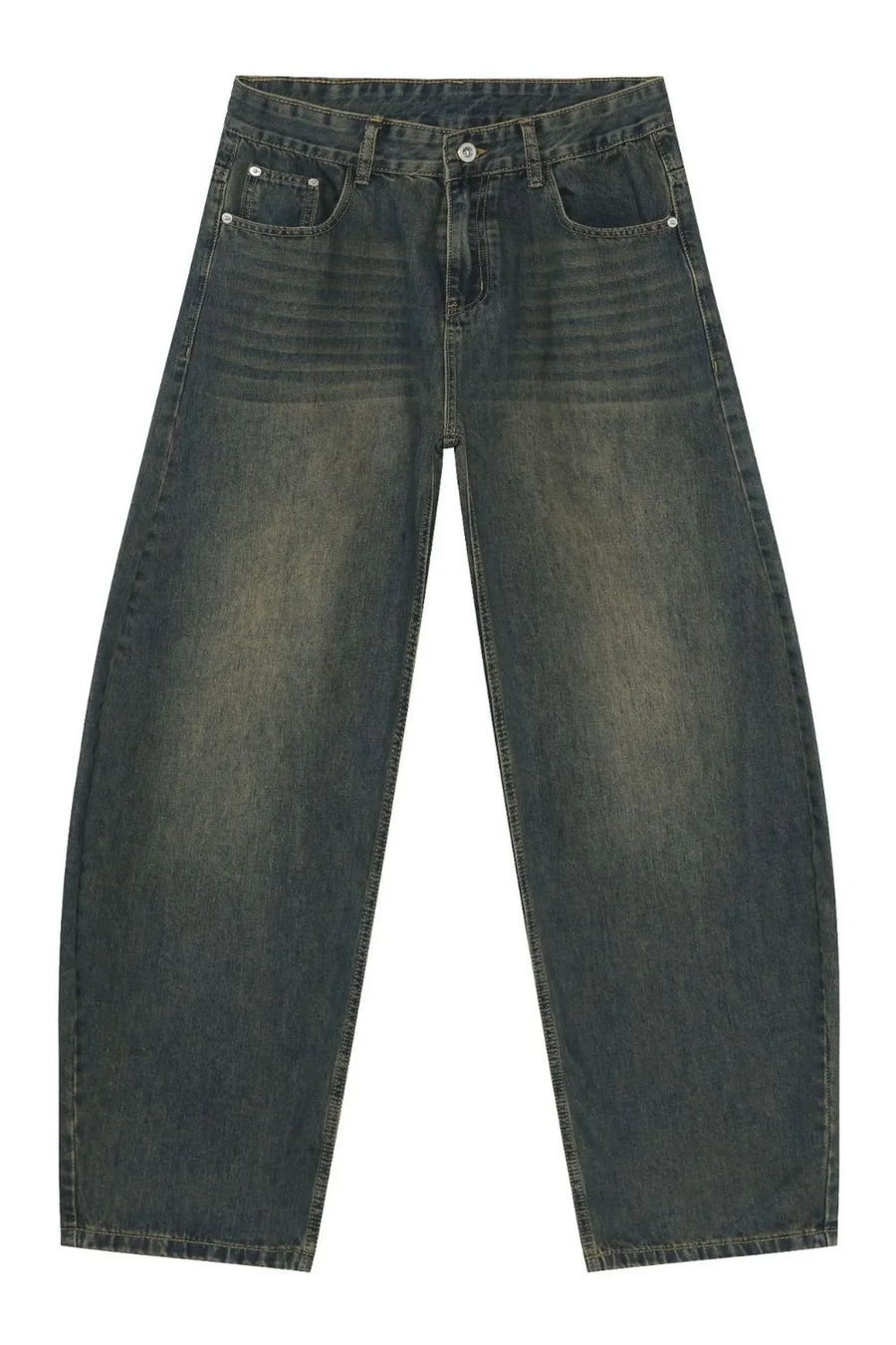 Faded baggy denim jeans in a deep teal wash with a relaxed fit and classic five-pocket styling.