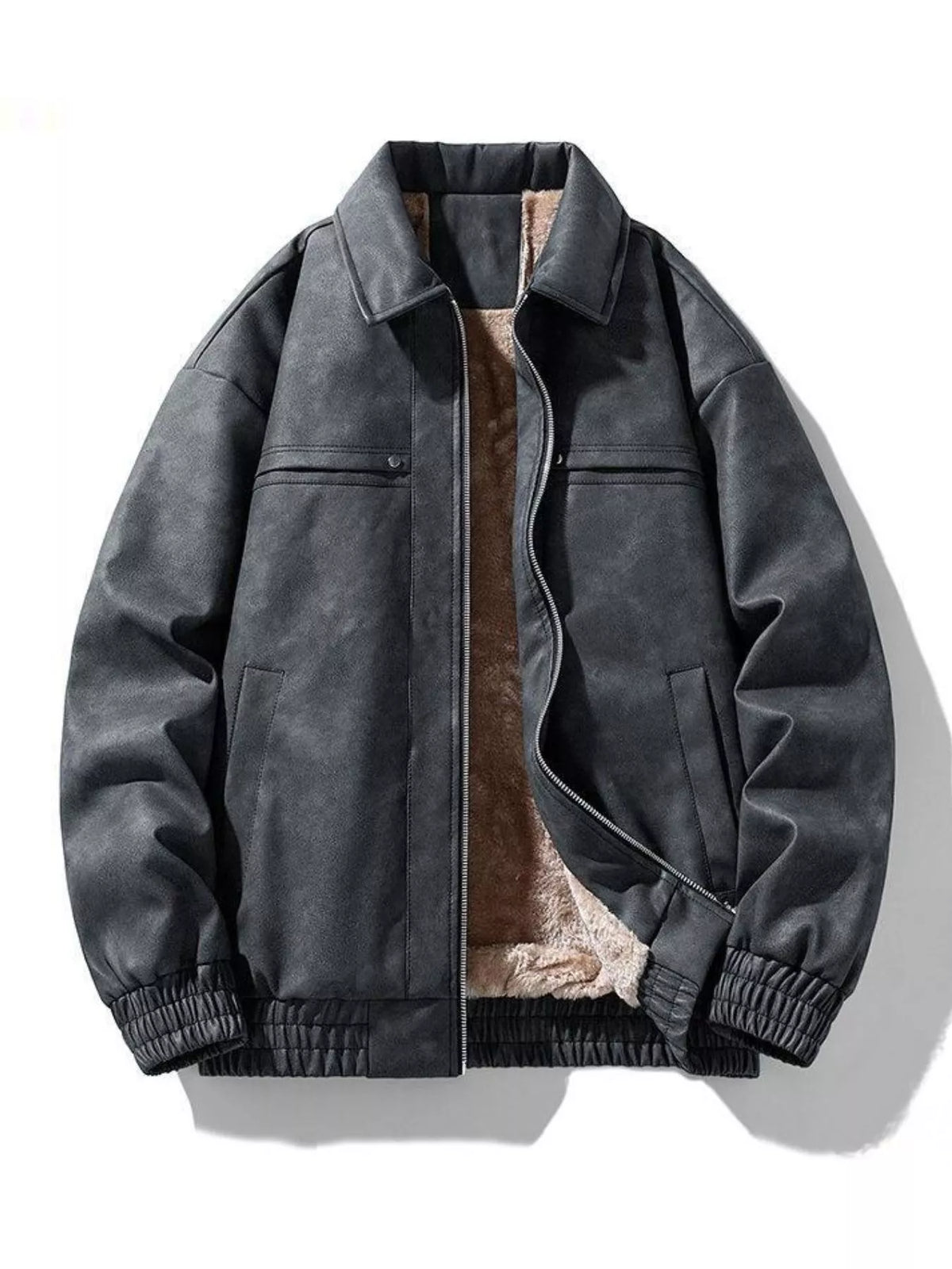 Black oversized fleece lined zip jacket with a collared neckline and elastic cuffs.