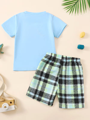 Baby boys light blue cotton tee and green plaid shorts set