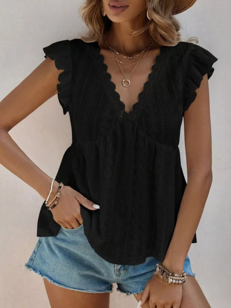 Black lace trim ruffle sleeve blouse with V-neck and eyelet detail.