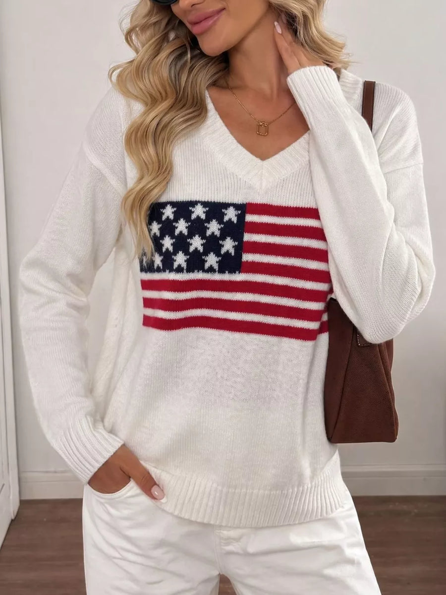 Black American Flag V-neck Knit Top