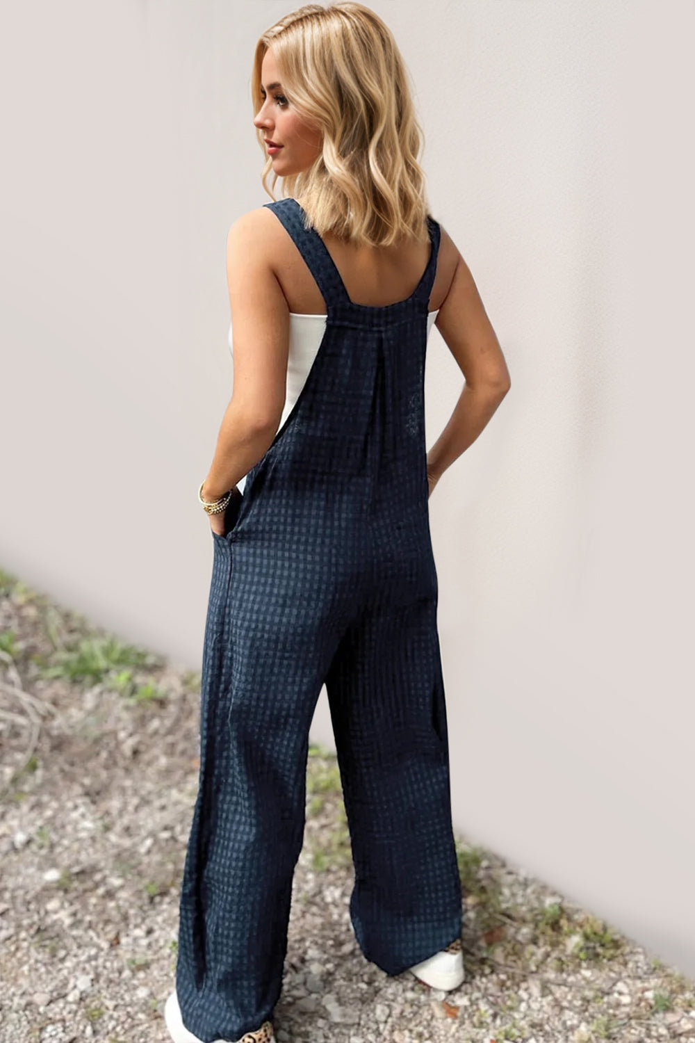 Peacock Blue textured wide-leg pinafore jumpsuit with buttons