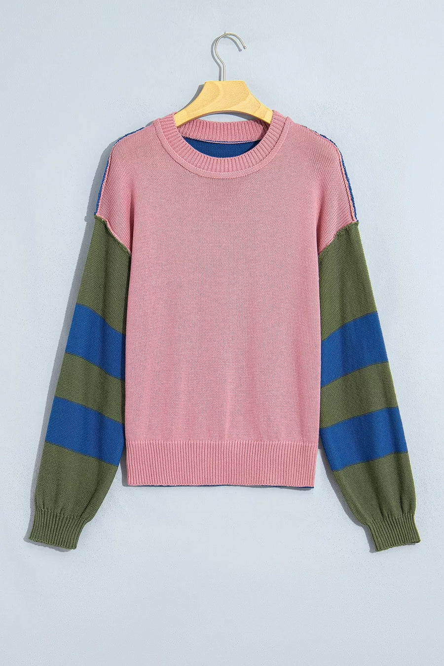 royal blue pullover sweater with ribbed cuffs and long sleeve